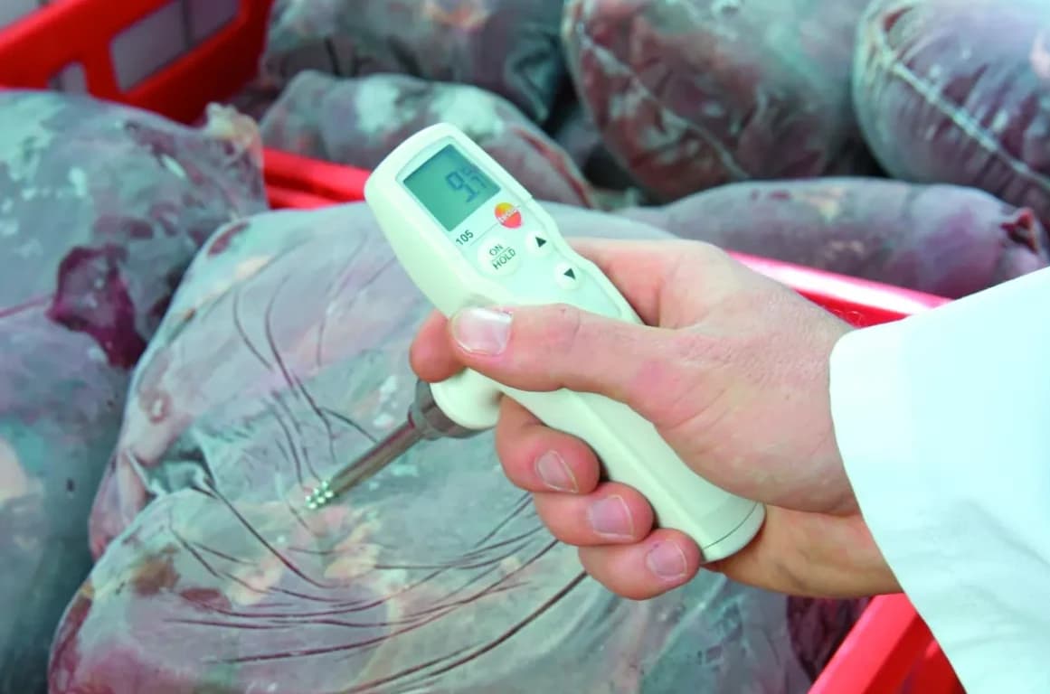 Operator trzyma termometr Testo 105 z wbitą sondą w zamrożone mięso — wyświetlacz pokazuje odczyt temperatury