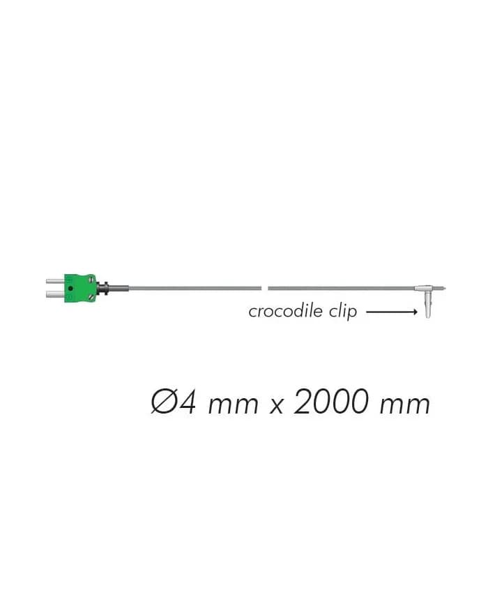 Cała sonda ETI 133-041 zwinięta na białym tle — przewód w oplocie stalowym, miniaturowa wtyczka typu K i zacisk krokodylkowy
