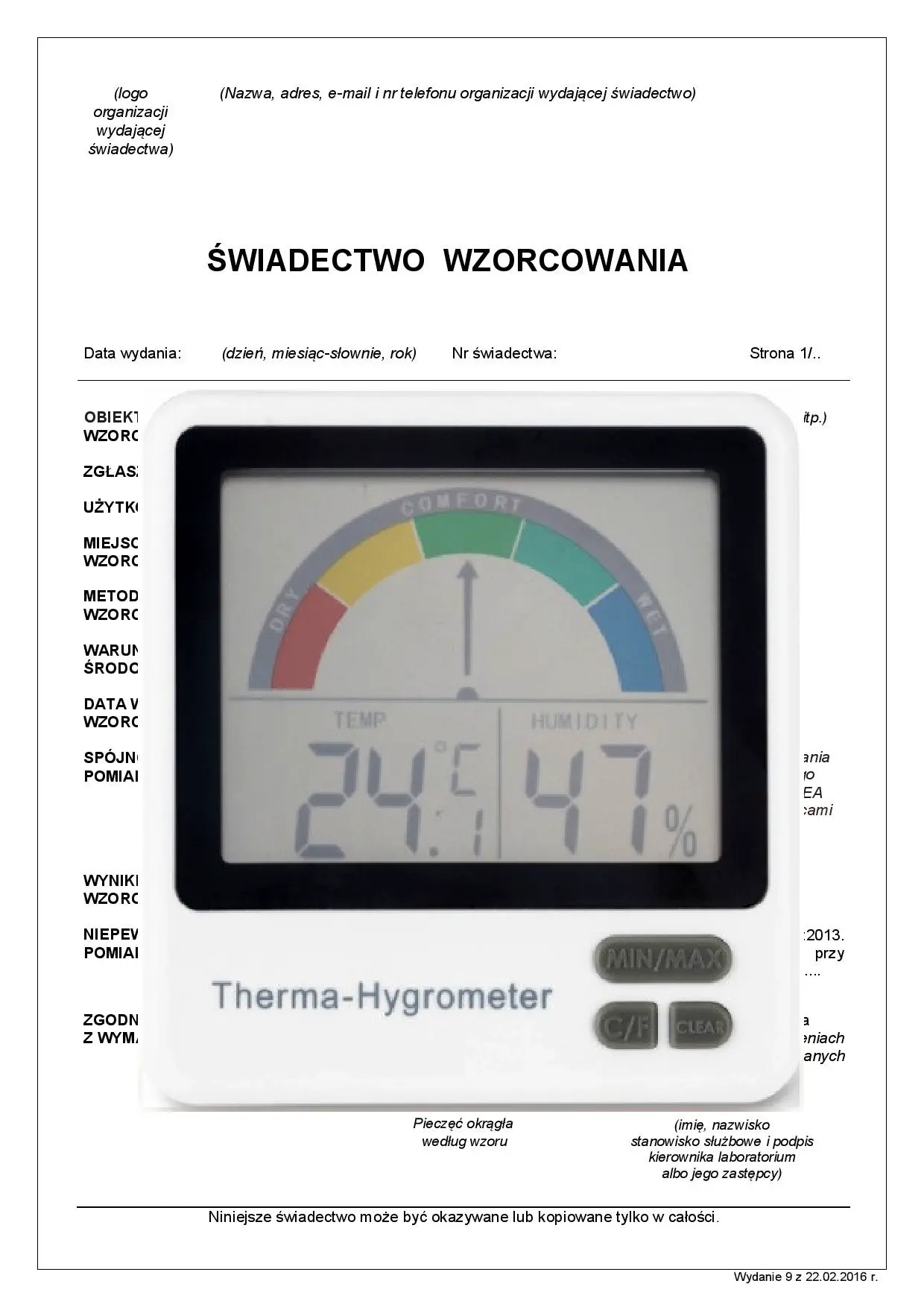 Termohigrometr ze świadectwem wzorcowania ETI 810-130