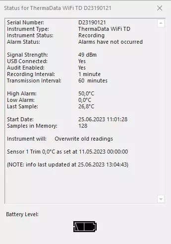 ThermaData Studio - status urządzenia